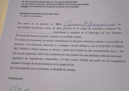 Carmen R. Bencosme renuncia de la Fuerza del Pueblo en Las Terrenas
