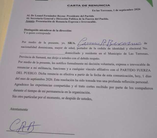 Carmen R. Bencosme renuncia de la Fuerza del Pueblo en Las Terrenas