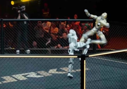 Humanoid robots fight in cage match in Shanghai