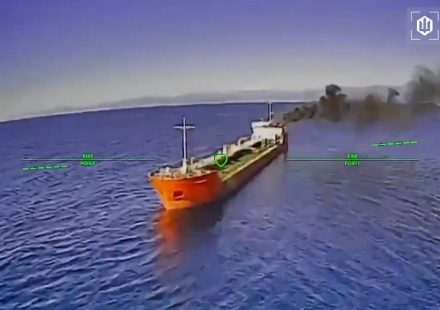 Ukrainian drone evades Russian helicopter fire to strike oil tanker