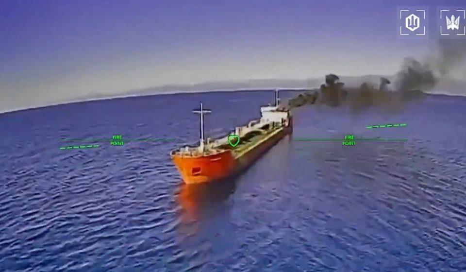 Ukrainian drone evades Russian helicopter fire to strike oil tanker