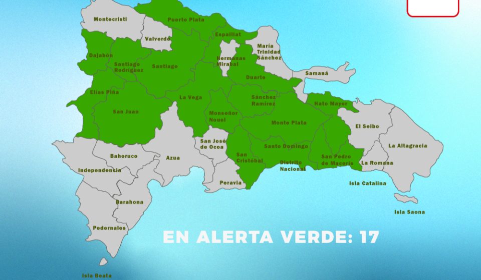 COE mantiene 16 provincias y el Distrito Nacional en alerta verde por vaguada