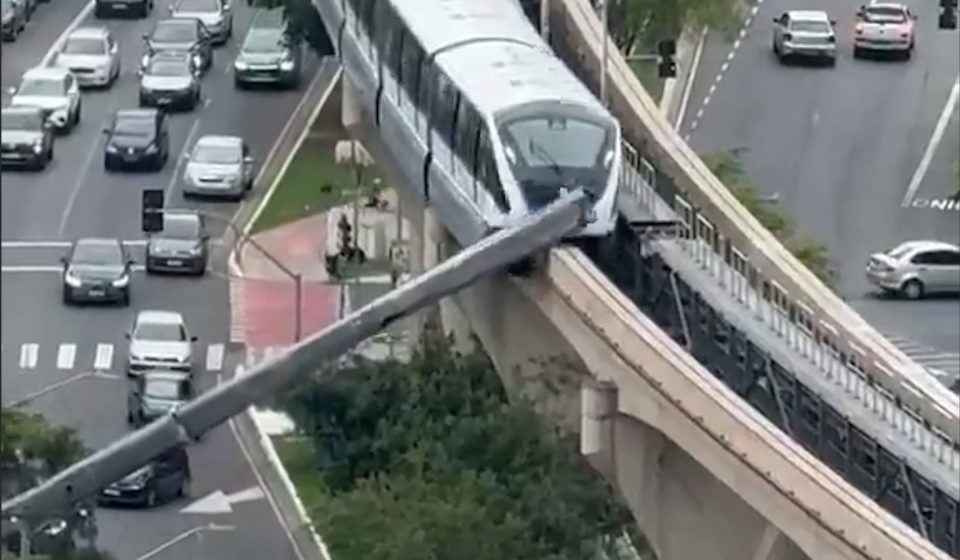 Train slams into crane that collapsed onto railway line in Brazil